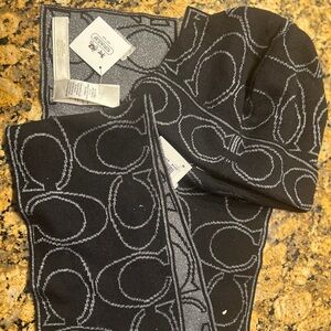 Coach Black and Gray Logo Scarf and Hat set